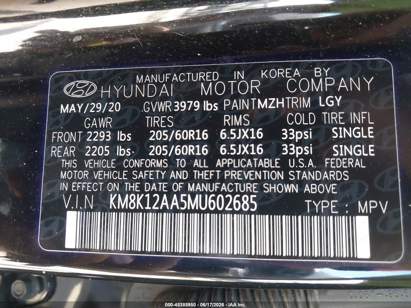 2021 Hyundai Kona VIN KM8K12AA5MU602685 IAAI salvage auction — RIGHT SIDE, Salvage - Greater Than 75% (Maryland), sold $2,650 on 2026-07-21 (photo 9)