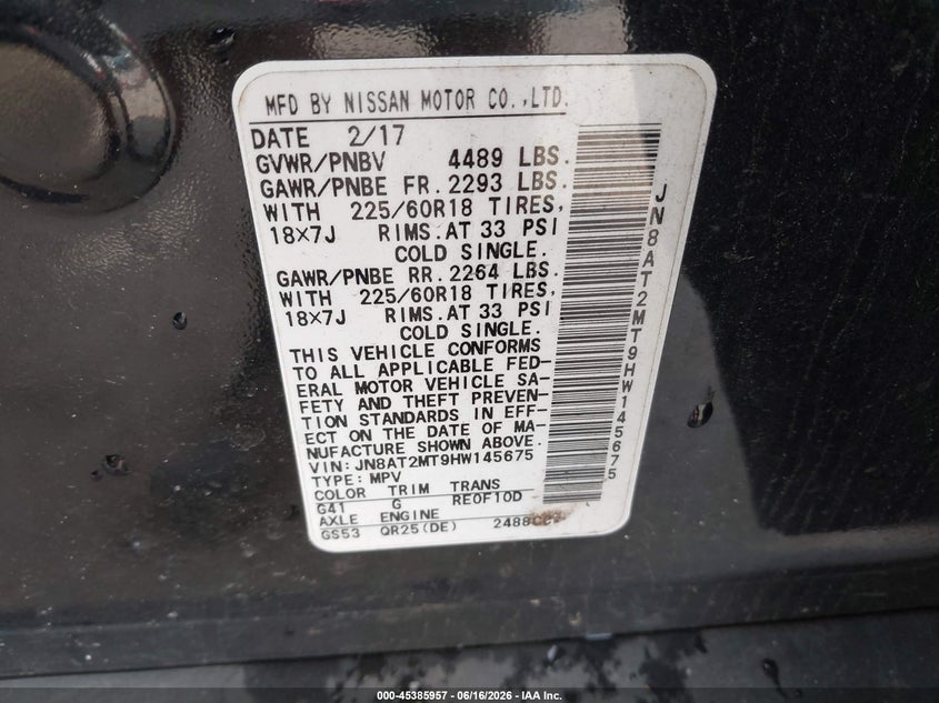 2017 Nissan Rogue VIN JN8AT2MT9HW145675 IAAI salvage auction — FRONT END, Salvage Title, sold $675 on 2026-07-24 (photo 9)