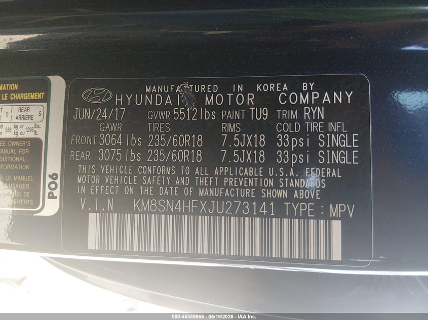 2018 Hyundai Santa fe VIN KM8SN4HFXJU273141 IAAI salvage auction — FRONT END, Salvage (Ohio), sold $3,250 on 2026-07-08 (photo 9)
