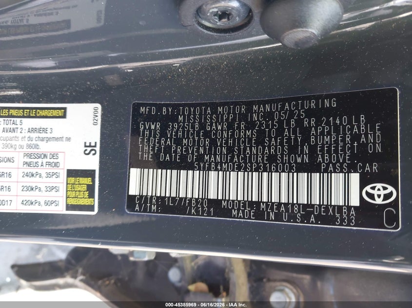2025 Toyota Corolla VIN 5YFB4MDE2SP316003 IAAI salvage auction — SIDE, Salvage Title, sold $7,100 on 2026-08-02 (photo 9)