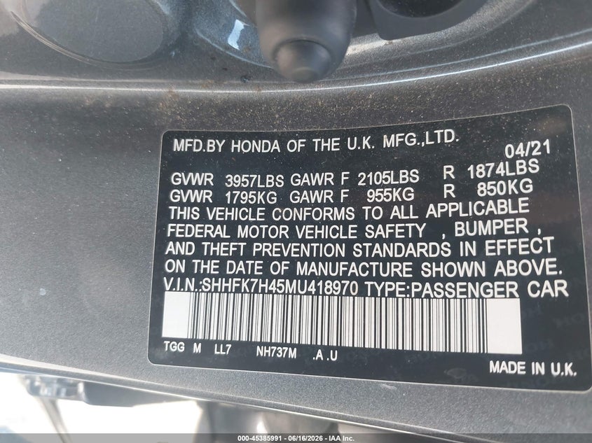 2021 Honda Civic VIN SHHFK7H45MU418970 IAAI salvage auction — FRONT END, Salvage (California), sold $7,400 on 2026-07-28 (photo 9)