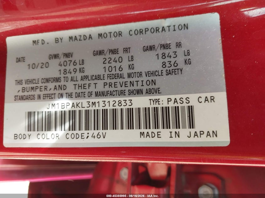 2021 Mazda 3 VIN JM1BPAKL3M1312833 IAAI salvage auction — FRONT END, Salvage (Tennessee), sold $1,850 on 2026-07-08 (photo 9)
