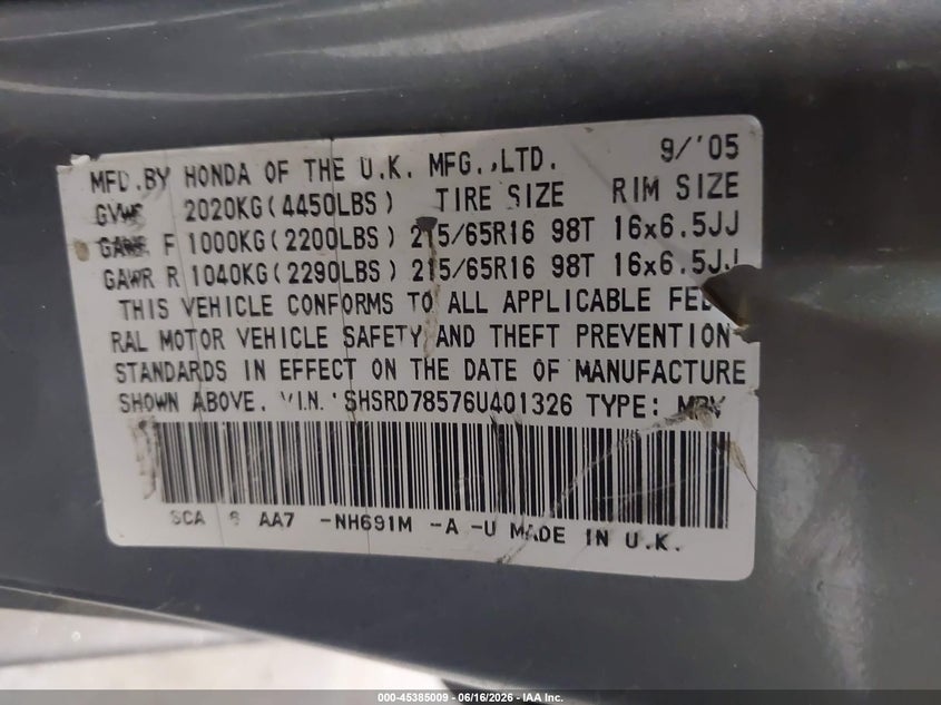 2006 Honda Cr-v VIN SHSRD78576U401326 IAAI salvage auction — MECHANICAL, Clear (New York), sold $600 on 2026-07-15 (photo 9)