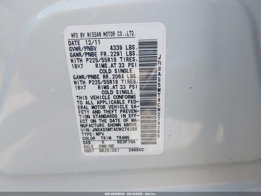 2012 Nissan Rogue VIN JN8AS5MT4CW274288 IAAI salvage auction — FRONT END, Salvage (Kansas), sold $1,250 on 2026-07-15 (photo 9)