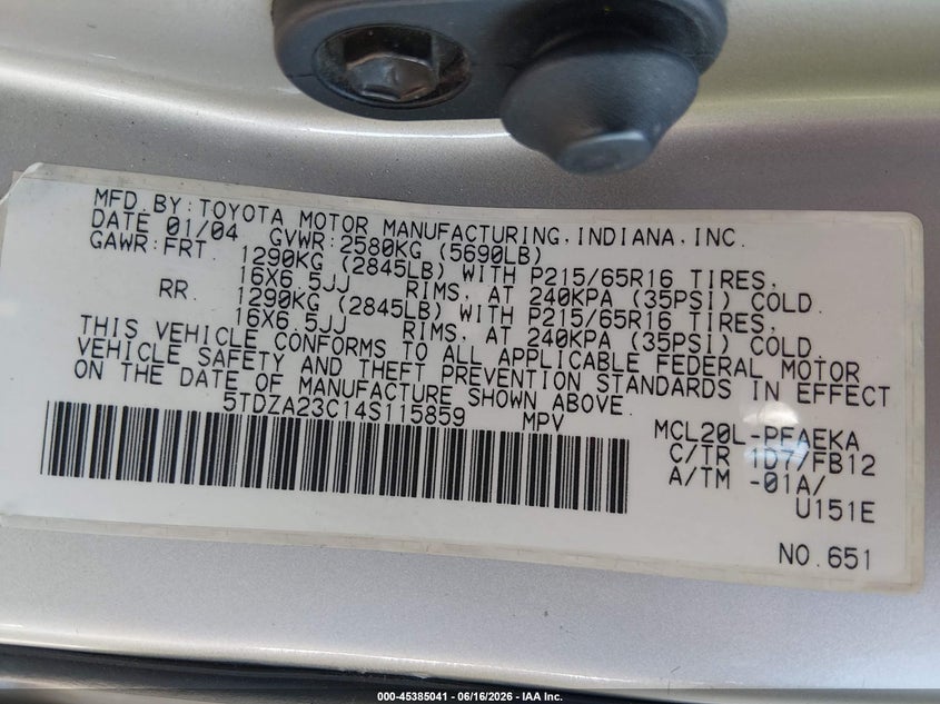 2004 Toyota Sienna VIN 5TDZA23C14S115859 IAAI salvage auction — FRONT & REAR, Salvage (Nevada), sold $550 on 2026-07-17 (photo 9)
