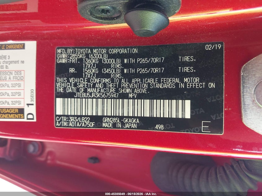 2019 Toyota 4runner VIN JTEBU5JR3K5675947 IAAI salvage auction — RIGHT FRONT, Salvage (Indiana), sold $11,400 on 2026-07-14 (photo 9)