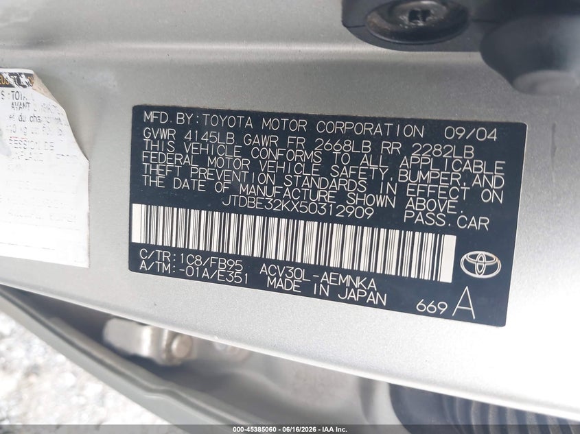 2005 Toyota Camry VIN JTDBE32KX50312909 IAAI salvage auction — FRONT END, Bill Of Sale (Georgia), sold $400 on 2026-07-07 (photo 9)