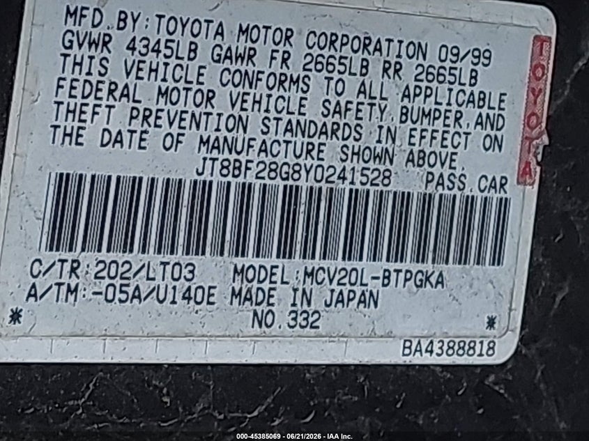 2000 Lexus Es 300 VIN JT8BF28G8Y0241528 IAAI salvage auction — FRONT & REAR, Bill Of Sale (New York), sold $450 on 2026-07-07 (photo 9)