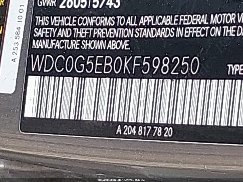 2019 Mercedes-benz Glc VIN WDC0G5EB0KF598250 IAAI salvage auction — FRONT & REAR, Salvage Title, sold $2,400 on 2026-07-14 (photo 9)