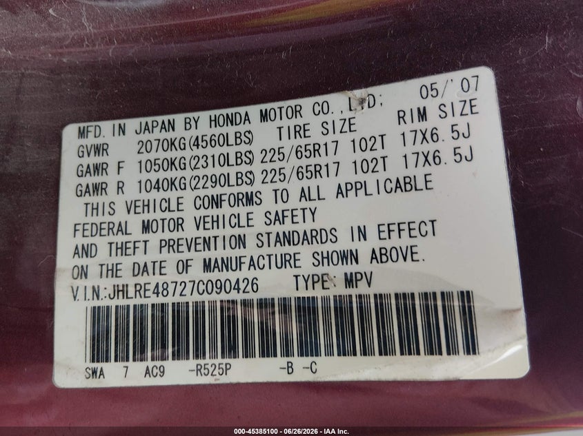2007 Honda Cr-v VIN JHLRE48727C090426 IAAI salvage auction — NORMAL WEAR, Original (Ohio), sold $1,150 on 2026-07-27 (photo 9)
