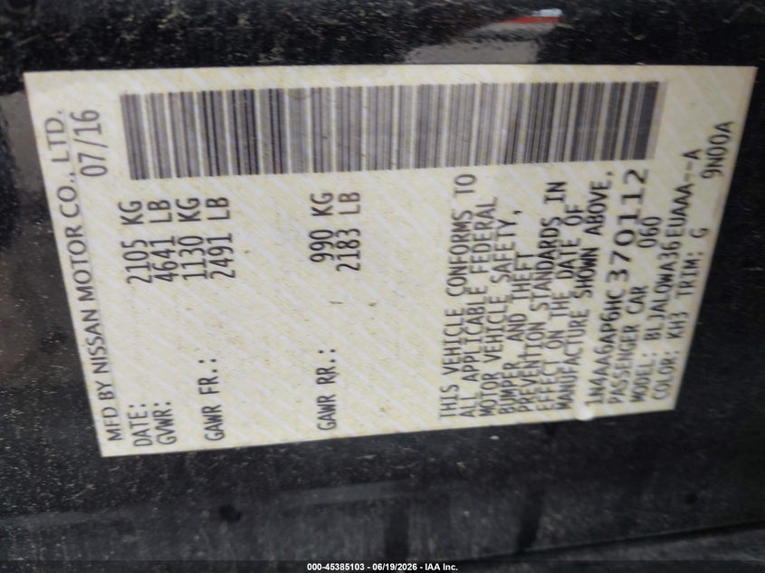 2017 Nissan Maxima VIN 1N4AA6AP6HC370112 IAAI salvage auction — REAR END, Salvage (North Carolina), sold $2,050 on 2026-07-09 (photo 9)