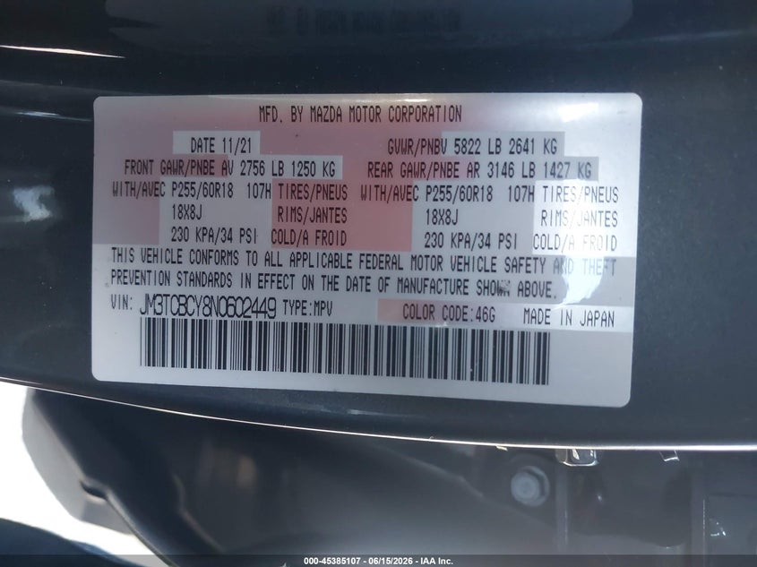 2022 Mazda Cx-9 VIN JM3TCBCY8N0602449 IAAI salvage auction — LEFT FRONT, Salvage Title, sold $6,400 on 2026-07-30 (photo 9)