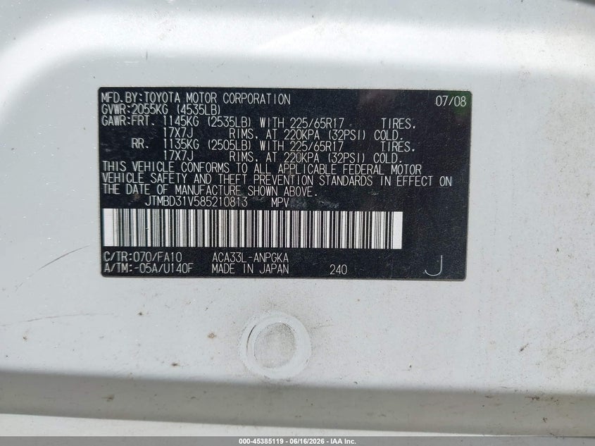 2008 Toyota Rav 4 VIN JTMBD31V585210813 IAAI salvage auction — RIGHT FRONT, Salvage (Pennsylvania), sold $1,650 on 2026-07-22 (photo 9)