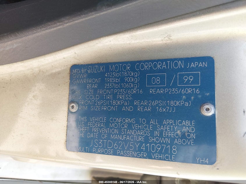 2000 Suzuki Grand vitara VIN JS3TD62V5Y4109718 IAAI salvage auction — NORMAL WEAR, Regular (Nevada), sold $25 on 2026-09-11 (photo 9)
