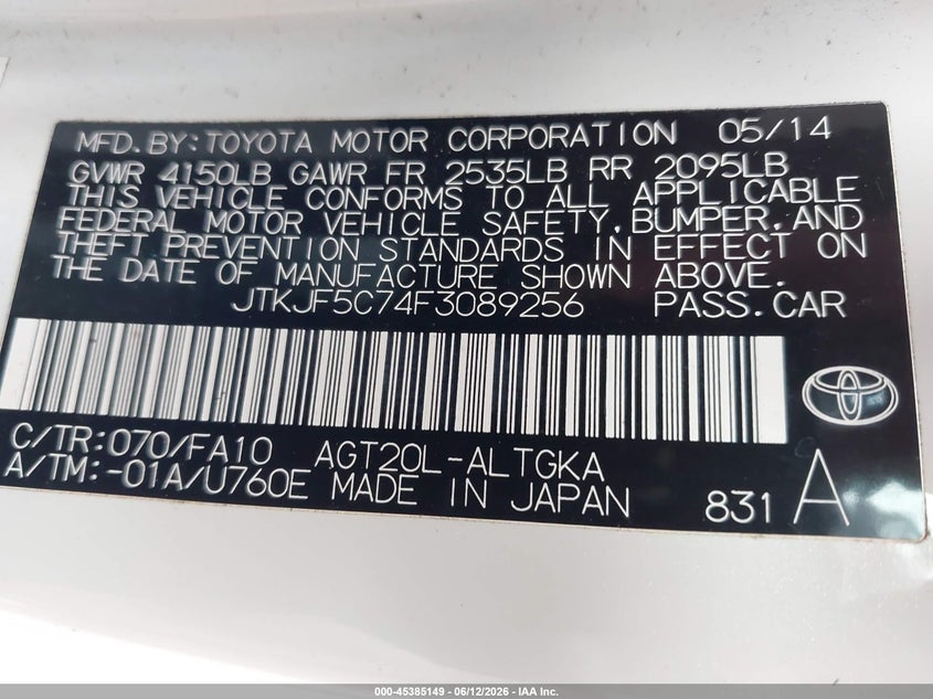 2015 Scion Tc VIN JTKJF5C74F3089256 IAAI salvage auction — LEFT & RIGHT, Salvage Title, sold $700 on 2026-08-26 (photo 9)