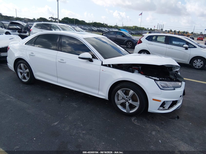 2019 Audi A4 VIN WAUDNAF47KA053663 IAAI salvage auction — FRONT END, Salvage Title, sold $1,950 on 2026-07-30 (photo 1)