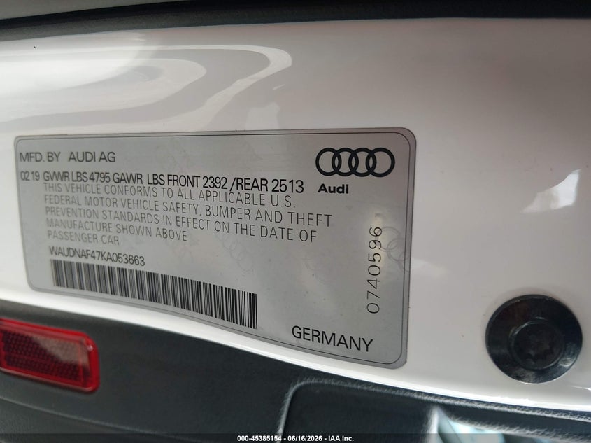 2019 Audi A4 VIN WAUDNAF47KA053663 IAAI salvage auction — FRONT END, Salvage Title, sold $1,950 on 2026-07-30 (photo 9)
