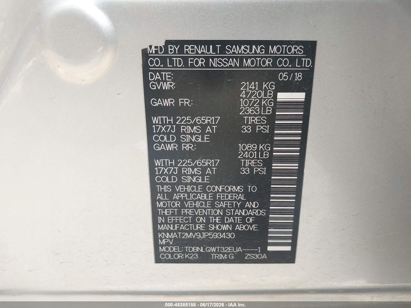2018 Nissan Rogue VIN KNMAT2MV9JP593430 IAAI salvage auction — FRONT END, Original (Texas), sold $3,000 on 2026-07-29 (photo 9)