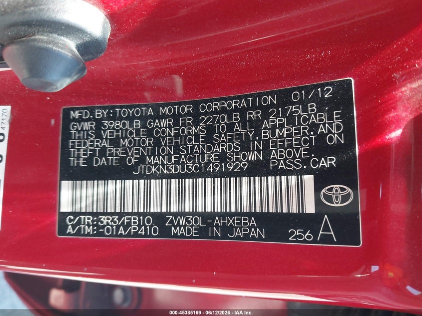 2012 Toyota Prius VIN JTDKN3DU3C1491929 IAAI salvage auction — NORMAL WEAR, Salvage (California), sold $650 on 2026-07-09 (photo 9)