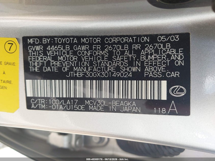 2003 Lexus Es 300 VIN JTHBF30GX30149024 IAAI salvage auction — FRONT END, Salvage (Tennessee), sold $300 on 2026-07-15 (photo 9)