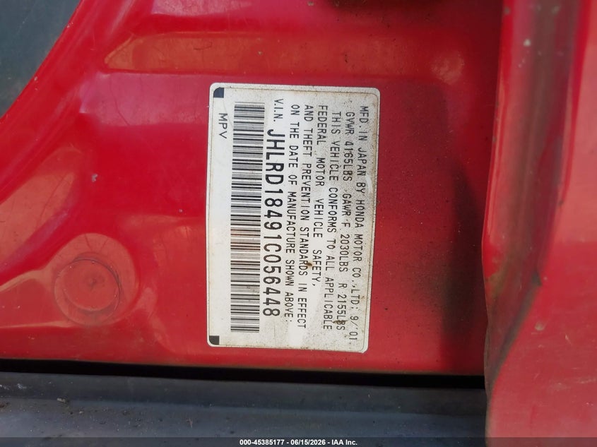 2001 Honda Cr-v VIN JHLRD18491C056448 IAAI salvage auction — NORMAL WEAR, Clear (Washington), sold $425 on 2026-07-29 (photo 9)
