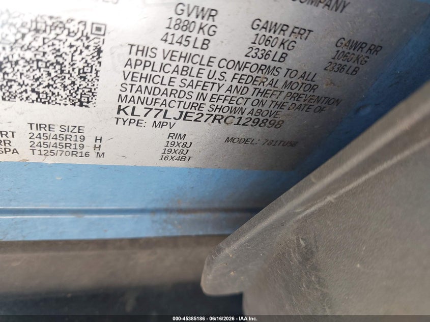 2024 Chevrolet Trax VIN KL77LJE27RC129898 IAAI salvage auction — HAIL, Original (Texas), sold $9,300 on 2026-07-28 (photo 9)