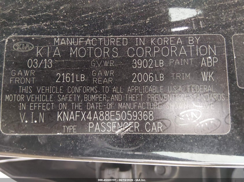 2014 Kia Forte VIN KNAFX4A88E5059368 IAAI salvage auction — NORMAL WEAR, Original (Texas), sold $875 on 2026-07-28 (photo 9)