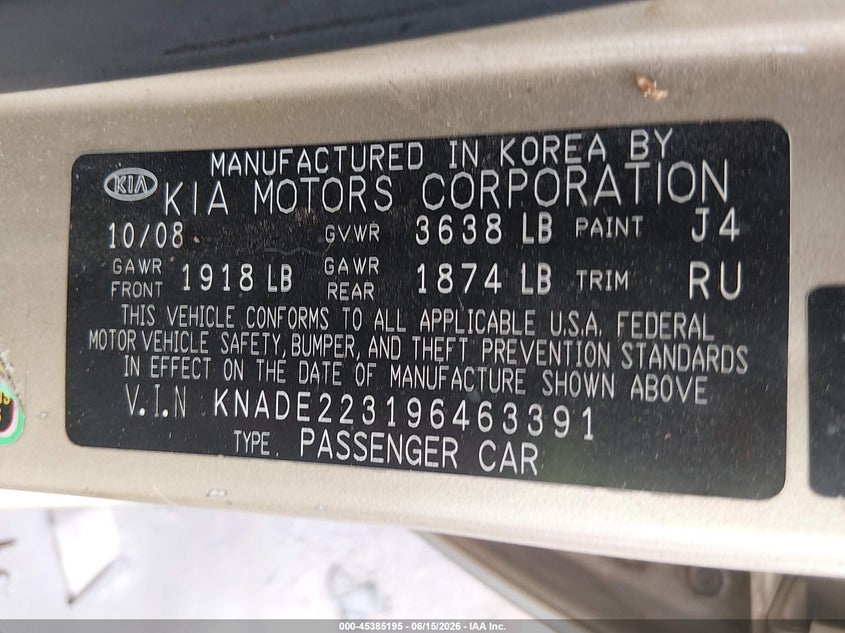 2009 Kia Rio VIN KNADE223196463391 IAAI salvage auction — FRONT END, Salvage (Arizona), sold $250 on 2026-07-30 (photo 9)