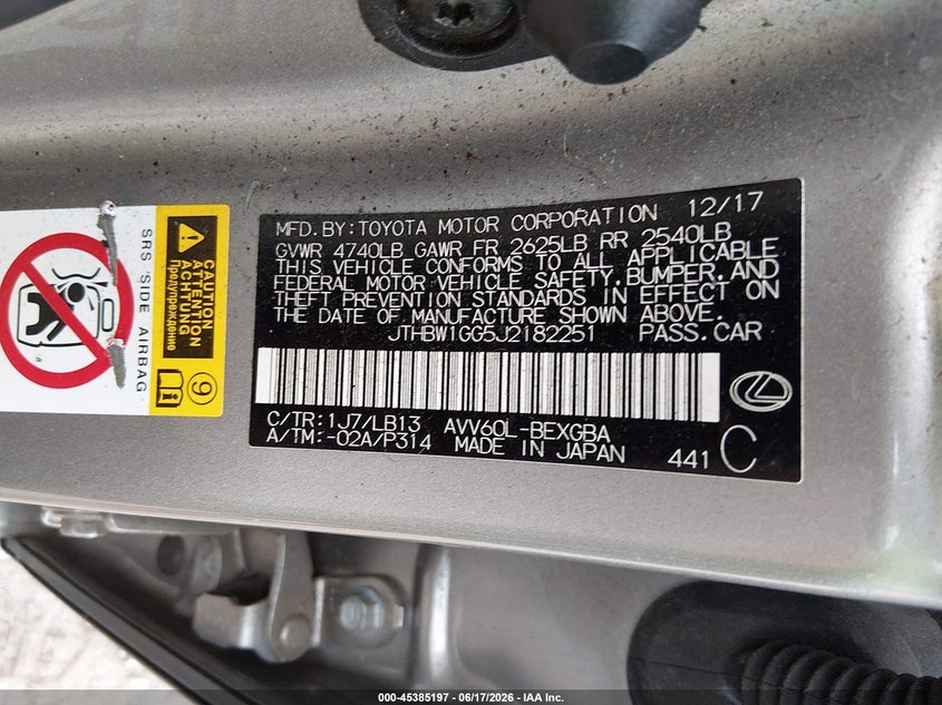 2018 Lexus ES VIN JTHBW1GG5J2182251 IAAI salvage auction — FRONT & REAR, Salvage (Tennessee), sold $1,400 on 2026-07-22 (photo 9)
