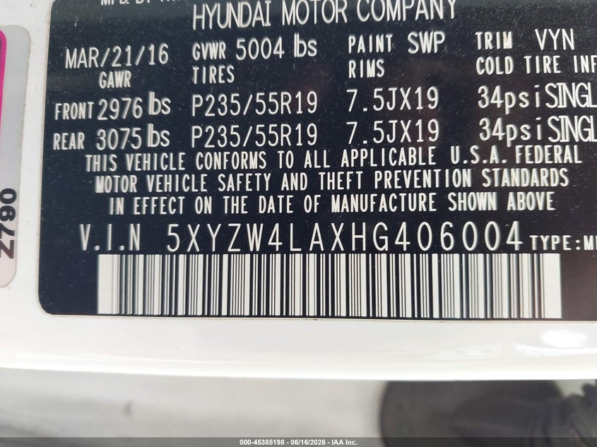 2017 Hyundai Santa fe VIN 5XYZW4LAXHG406004 IAAI salvage auction — FRONT & REAR, Salvage (North Carolina), sold $2,400 on 2026-07-20 (photo 9)