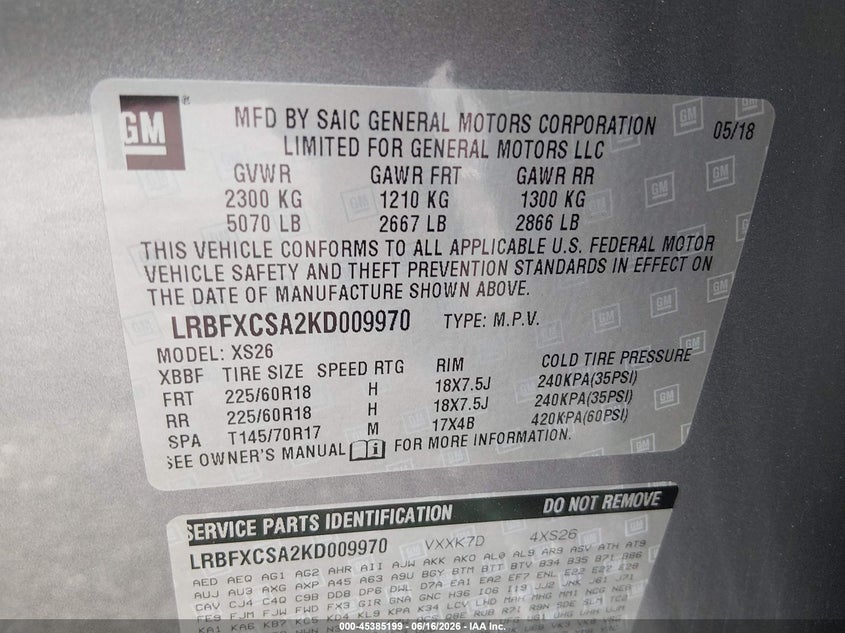 2019 Buick Envision VIN LRBFXCSA2KD009970 IAAI salvage auction — FRONT END, Salvage (South Carolina), sold $1,575 on 2026-07-14 (photo 9)