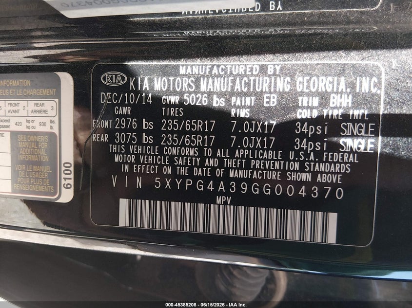 2016 Kia Sorento VIN 5XYPG4A39GG004370 IAAI salvage auction — HAIL, Salvage (Kansas), sold $1,350 on 2026-07-17 (photo 9)
