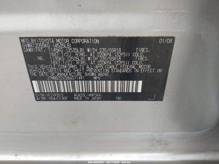 2008 Toyota Rav4 VIN JTMBD32V286071491 IAAI salvage auction — NORMAL WEAR, Clear (Virginia), sold $375 on 2026-07-28 (photo 9)