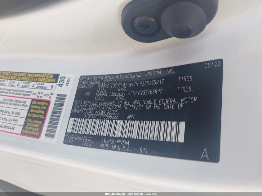 2022 Toyota Sienna VIN 5TDKSKFC7NS066288 IAAI salvage auction — FRONT END, Salvage (Indiana), sold $15,300 on 2026-07-17 (photo 9)