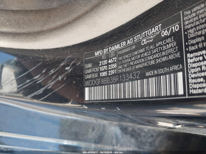 2011 Mercedes-benz C class VIN WDDGF8BB3BR133432 IAAI salvage auction — NORMAL WEAR, Clear (Colorado), sold $375 on 2026-07-28 (photo 9)