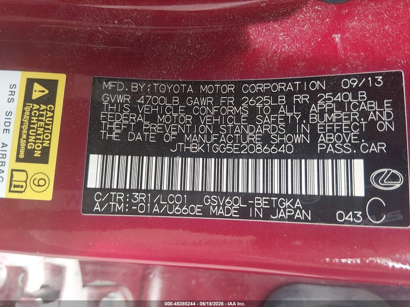 2014 Lexus ES VIN JTHBK1GG5E2086640 IAAI salvage auction — ROLLOVER, Salvage (South Carolina), sold $2,050 on 2026-07-29 (photo 9)