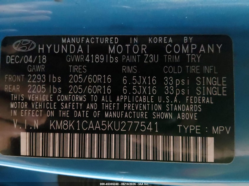 2019 Hyundai Kona VIN KM8K1CAA5KU277541 IAAI salvage auction — FRONT END, Salvage (Iowa), sold $2,900 on 2026-07-09 (photo 9)