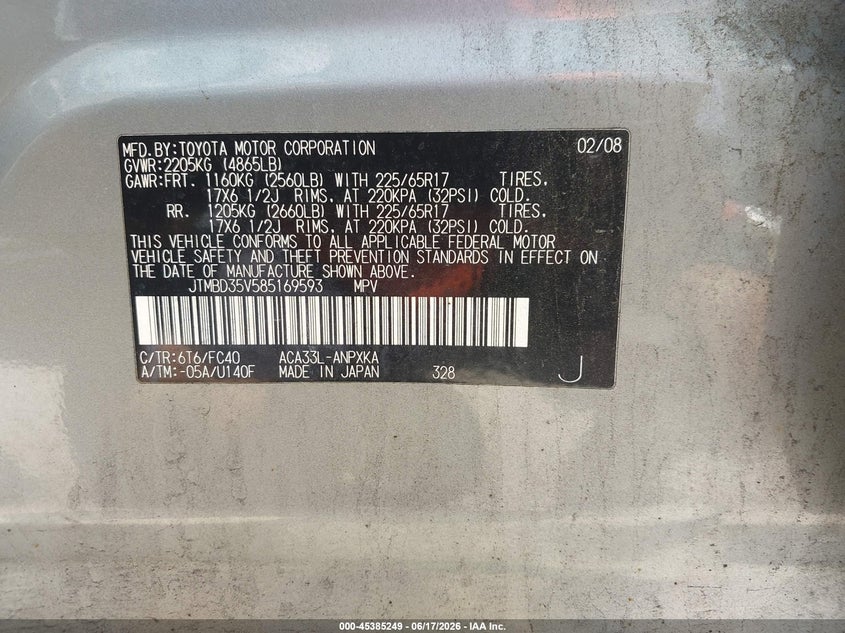 2008 Toyota Rav4 VIN JTMBD35V585169593 IAAI salvage auction — FRONT END, Clear (Massachusetts), sold $1,150 on 2026-07-14 (photo 9)