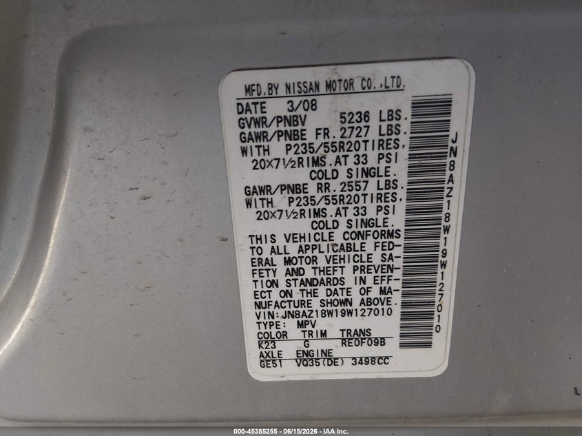 2009 Nissan Murano VIN JN8AZ18W19W127010 IAAI salvage auction — FRONT END, Certificate Of Title (Nebraska), sold $1,000 on 2026-07-09 (photo 9)