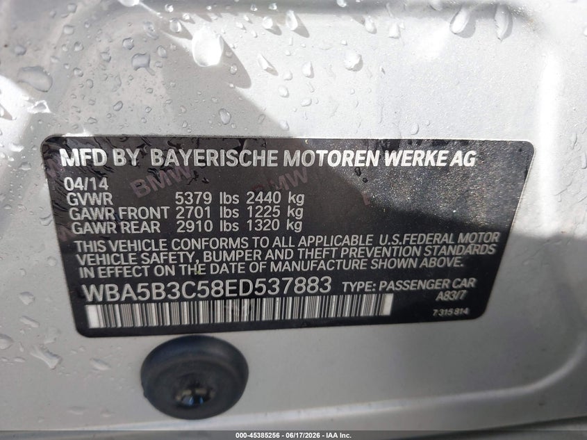 2014 BMW VIN WBA5B3C58ED537883 IAAI salvage auction — HAIL, Wait Title, sold $3,700 on 2026-08-07 (photo 9)