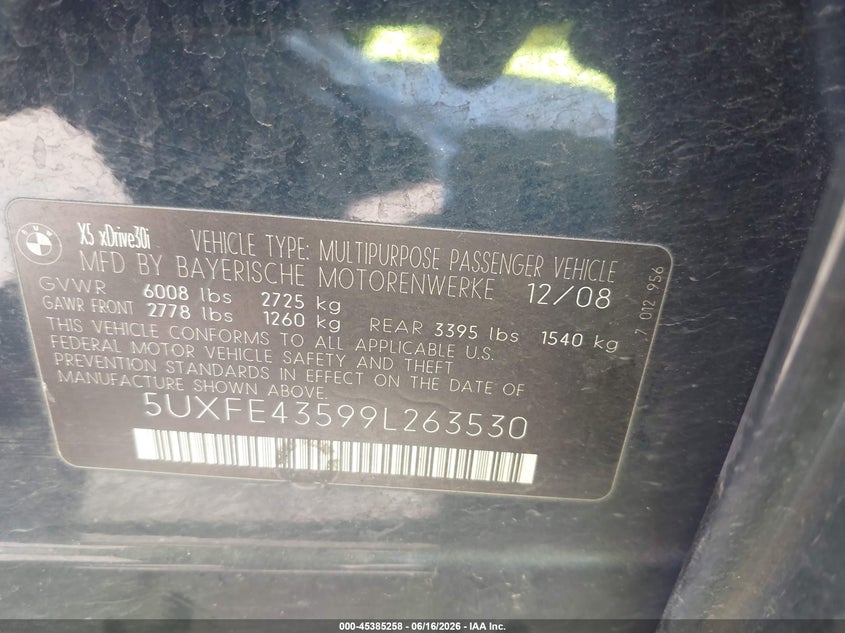 2009 BMW X5 VIN 5UXFE43599L263530 IAAI salvage auction — RIGHT SIDE, Bill Of Sale (Washington), sold $550 on 2026-07-28 (photo 9)