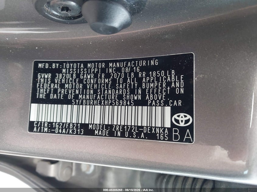 2017 Toyota Corolla VIN 5YFBURHEXHP569845 IAAI salvage auction — REAR END, Salvage (North Carolina), sold $2,250 on 2026-07-15 (photo 9)