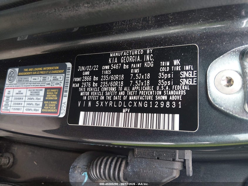 2022 Kia Sorento VIN 5XYRLDLCXNG129831 IAAI salvage auction — FRONT END, Salvage (Ohio), sold $7,100 on 2026-07-16 (photo 9)