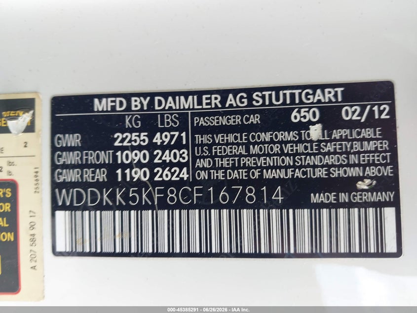 2012 Mercedes-benz E-klasse VIN WDDKK5KF8CF167814 IAAI salvage auction — RIGHT SIDE, Original (Texas), sold $1,950 on 2026-08-13 (photo 9)