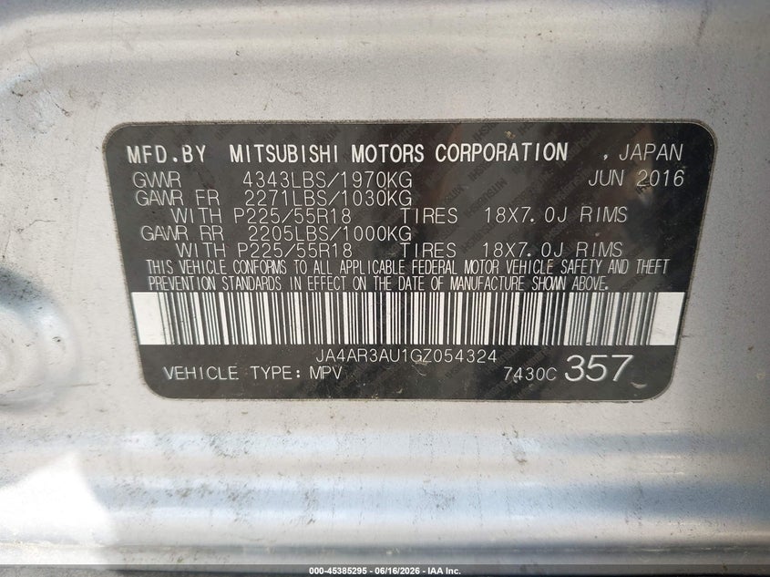 2016 Mitsubishi Outlander VIN JA4AR3AU1GZ054324 IAAI salvage auction — ROOF, Salvage (Pennsylvania), sold $1,350 on 2026-07-19 (photo 9)