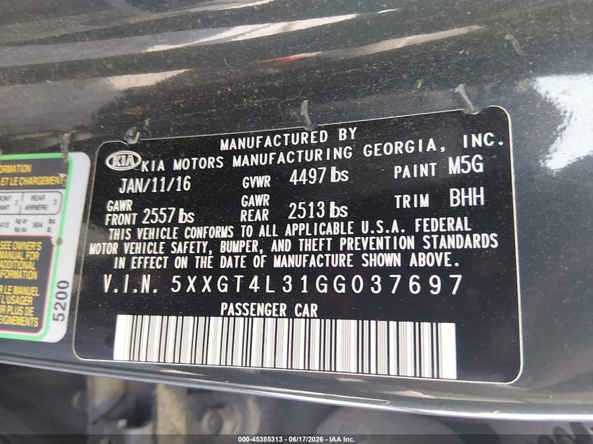 2016 Kia Optima VIN 5XXGT4L31GG037697 IAAI salvage auction — RIGHT REAR, Salvage - Greater Than 75% (Maryland), sold $850 on 2026-07-13 (photo 9)