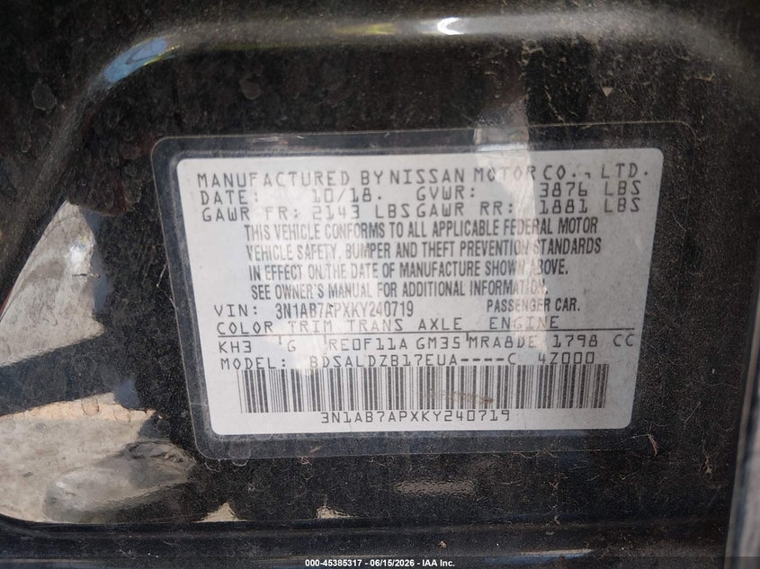2019 Nissan Sentra VIN 3N1AB7APXKY240719 IAAI salvage auction — FRONT END, Salvage (California), sold $1,450 on 2026-07-18 (photo 9)