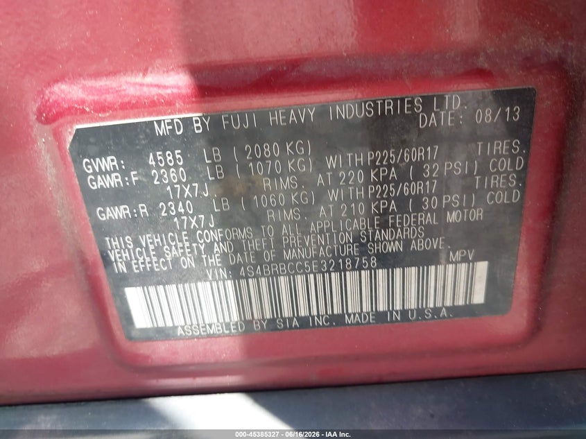 2014 Subaru Outback VIN 4S4BRBCC5E3218758 IAAI salvage auction — FRONT & REAR, Salvage (North Carolina), sold $1,050 on 2026-07-22 (photo 9)