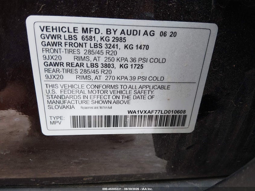 2020 Audi Q7 VIN WA1VXAF77LD010608 IAAI salvage auction — FRONT END, Salvage Title, sold $12,600 on 2026-07-29 (photo 9)