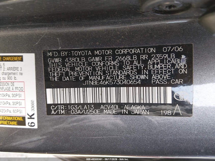 2007 Toyota Camry VIN JTNBE46K573040654 IAAI salvage auction — LEFT FRONT, Salvage (Ohio), sold $600 on 2026-07-07 (photo 9)